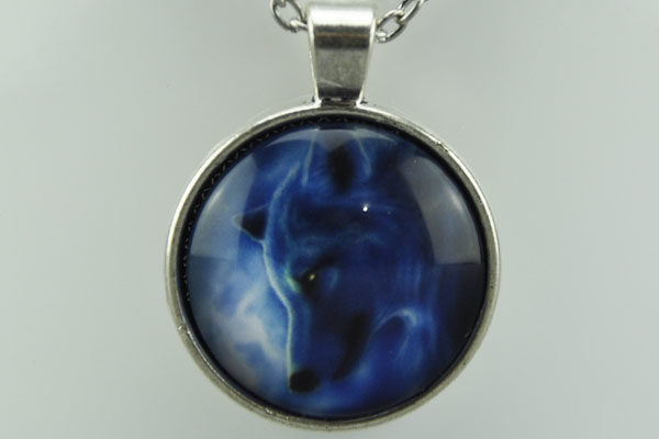 Vintage Tibet-Silber Kette mit Glas-Chain WOLF BLAU