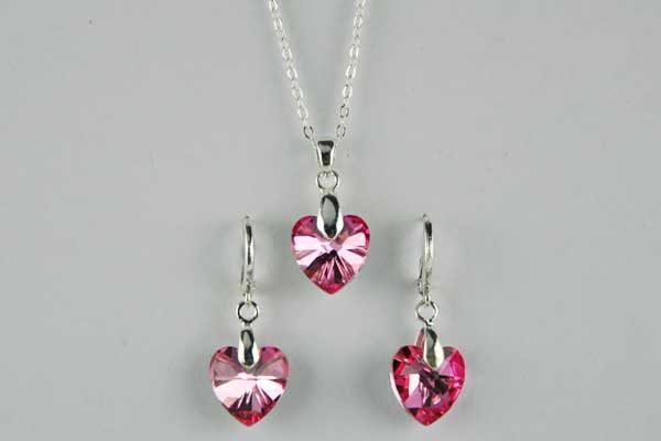 Schmuck-Set: 925 Sterling Silber Halskette mit Herz-Anhänger pink sowie Ohrringe