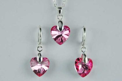 Schmuck-Set: 925 Sterling Silber Halskette mit Herz-Anhänger pink sowie Ohrringe