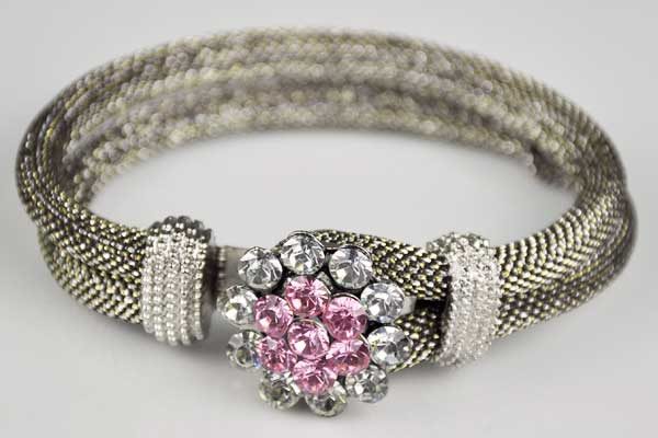 Armband 220 x 15 mm mit Chunk Charm Button, silber mit Button rosa/klare Kristalle
