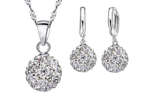 Schmuck-Set: 925 Sterling Silber Halskette mit Kugel-Anhänger klar sowie Ohrringe