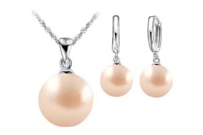 Schmuck-Set: 925 Sterling Silber Halskette mit Perlen-Anhänger rosa sowie Ohrringe