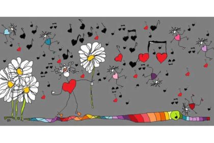Geschenkekarte/Glückwunschkarte, grau mit Herz-Figuren und fliegenden Musiknoten