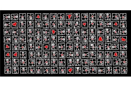 Geschenkekarte/Glückwunschkarte, schwarz mit Herz-Figuren in kleinen quadratischen Kästchen