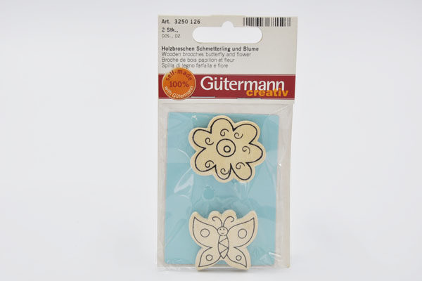 Gütermann creativ Holzbroschen Schmetterling und Blume 40 mm, 2 Stück