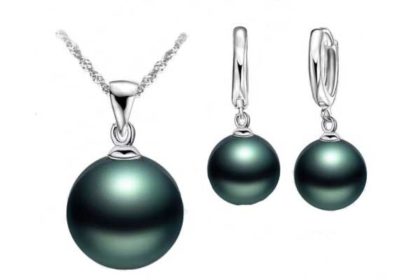 Schmuck-Set: 925 Sterling Silber Halskette mit Perlen-Anhänger dunkelgrün sowie Ohrringe