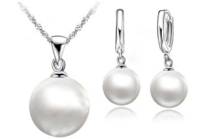 Schmuck-Set: 925 Sterling Silber Halskette mit Perlen-Anhänger weiss sowie Ohrringe