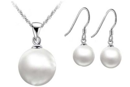Schmuck-Set: 925 Sterling Silber Halskette mit Perlen-Anhänger weiss sowie Ohrringe