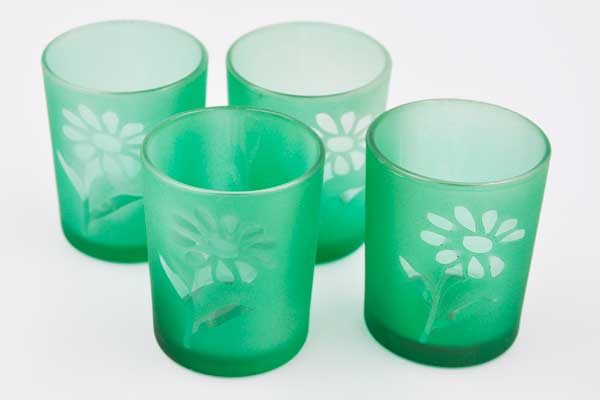 4er Set grüne kleine Gläser mit Blumenmuster
